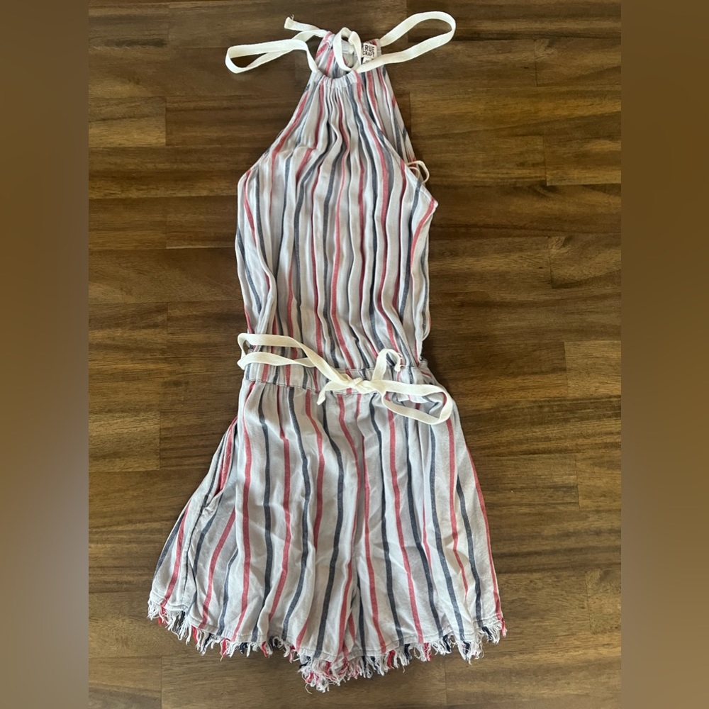 red, blue, and grey halter top romper